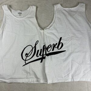 Lot Of 2 Superb Men’s Tank Top Medium White Cotton Spellout Gym Shirt *stain*